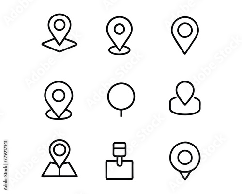 Pin map address point editable stroke outline icons set isolated on white background flat vector illustration. Pixel perfect. 64 x 64..