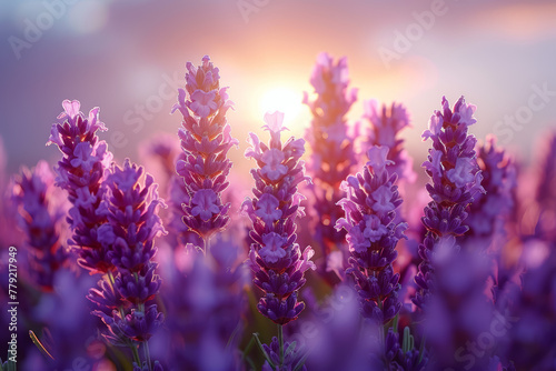 A cluster of fragrant lavender blooms in a sun-kissed meadow, their soothing scent perfuming the air with tranquility. Concept of aromatic serenity and herbal healing. Generative Ai.