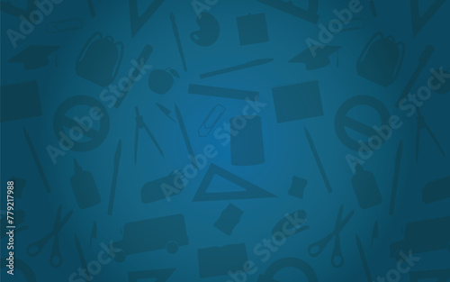 School Itens Background - Various Silhouettes of School Supplies on Blue Background. Pencil, Eraser, Sharpener, Rulers, Backpack, Scissor, Pens, Calculator, Bus and others.
