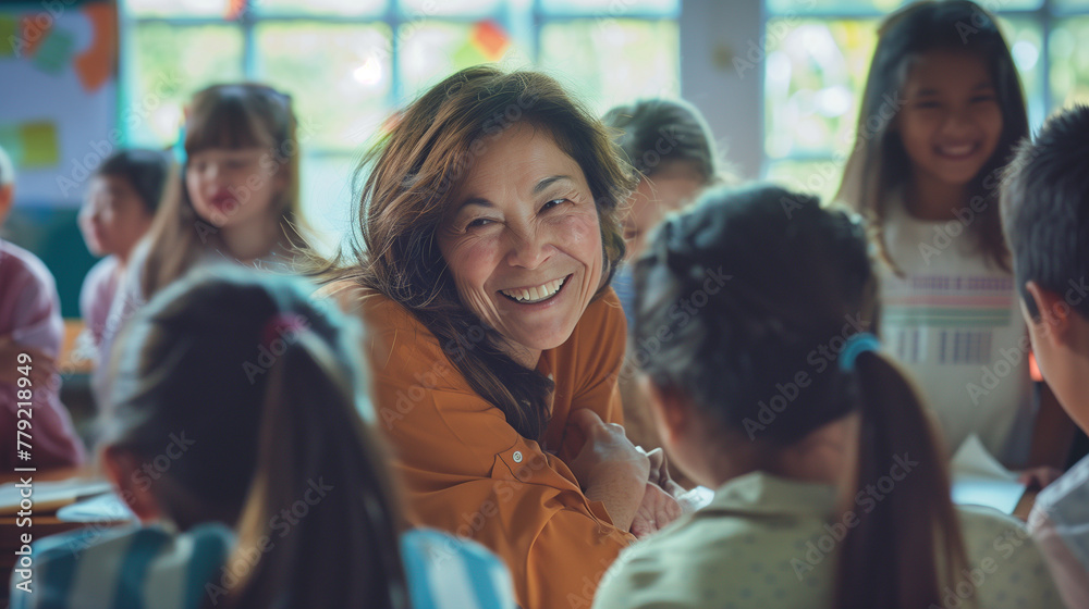 Students surprise their teacher with a group hug from behind as she sits at her desk grading papers. The classroom is filled with natural light, highlighting the surprise and joy o Students surprise their teacher with a group hug from behind as she sits at her desk grading papers. The classroom is filled with natural light, highlighting the surprise and joy o