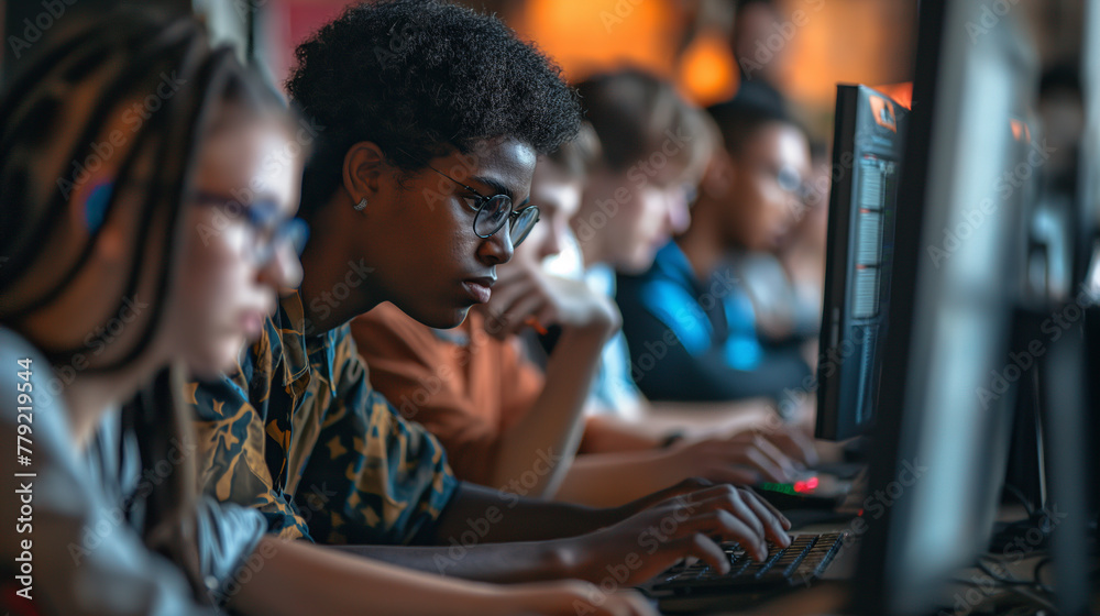 Teenage students participate in a programming competition, huddled around computers and strategizing. The competitive spirit is enhanced by the natural light streaming in, creating Teenage students participate in a programming competition, huddled around computers and strategizing. The competitive spirit is enhanced by the natural light streaming in, creating