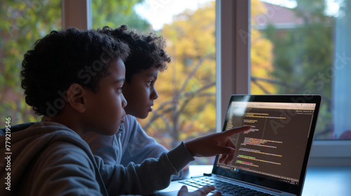Two teenage programmers discuss code on a laptop, pointing and making suggestions. The soft, ambient light from the side window creates an intimate setting for peer learning and ex photo