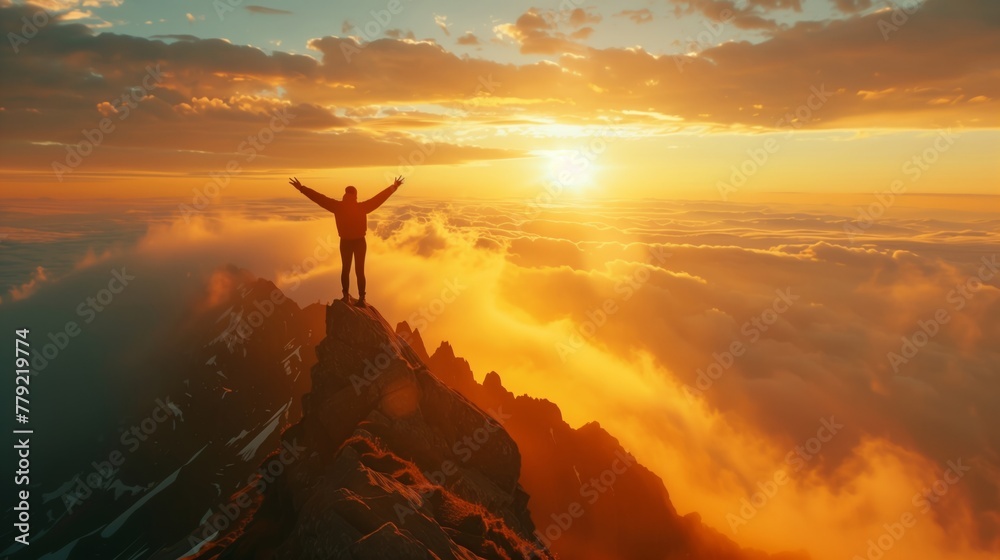 Person Standing on Mountain Top at Sunset Person Standing on Mountain Top at Sunset