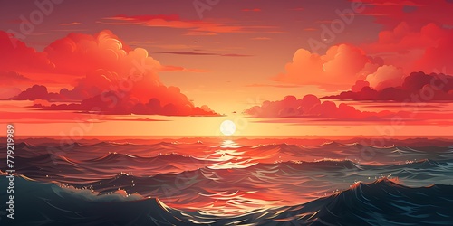 Sunset in the sea with waves and clouds. illustration.
