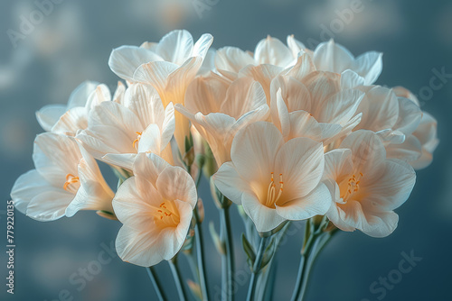 A cluster of fragrant freesias fills the air with their sweet perfume, their delicate blooms a testament to nature's delicate touch. Concept of fragrant beauty, floral sophistication. Generative Ai.