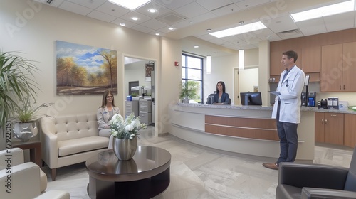 Doctor in White Lab Coat at Reception Desk