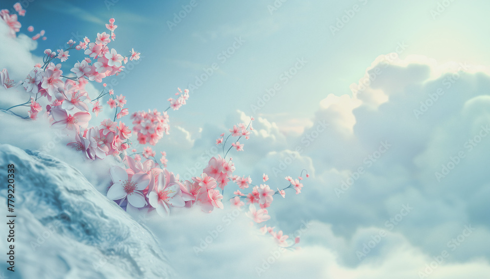 pink and white flowers are growing on white marble, steam around, blue sky pink and white flowers are growing on white marble, steam around, blue sky