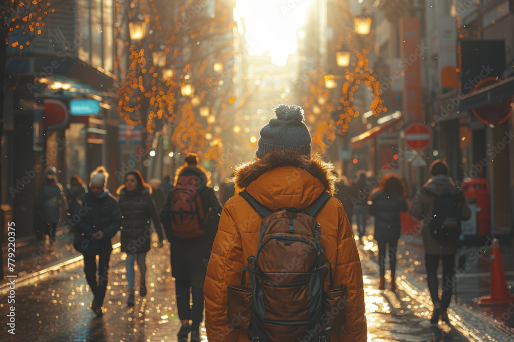 A bustling city street, with one person smiling brightly while another walks with a heavy heart, lost in thought. Concept of contrast between joy and sorrow in urban life. Generative Ai.