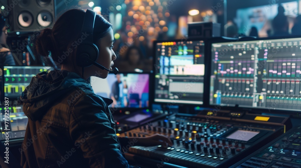 Woman Recording With Headphones