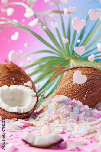 Tropical lovely background with hearts and coconuts for valentine's day