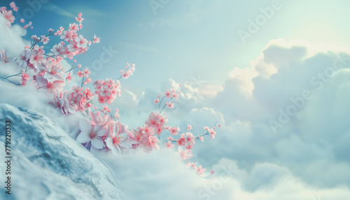 pink and white flowers are growing on white marble, steam around, blue sky