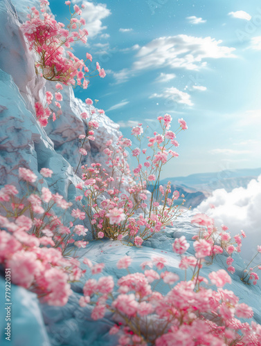 pink flowers are growing on white marble platform, steam around, blue sky, nature fantasy scenery 