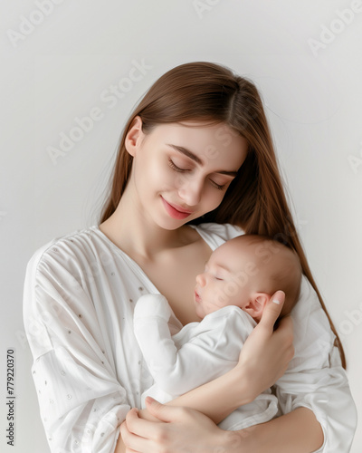 Portrait of happy smiling mother is holding her baby 