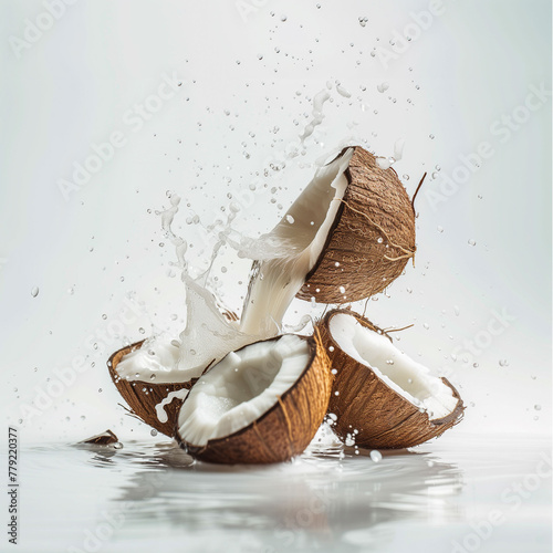 coconut small slices of coconut with white drops and water drops are flying around in weightlessnes on white  photo