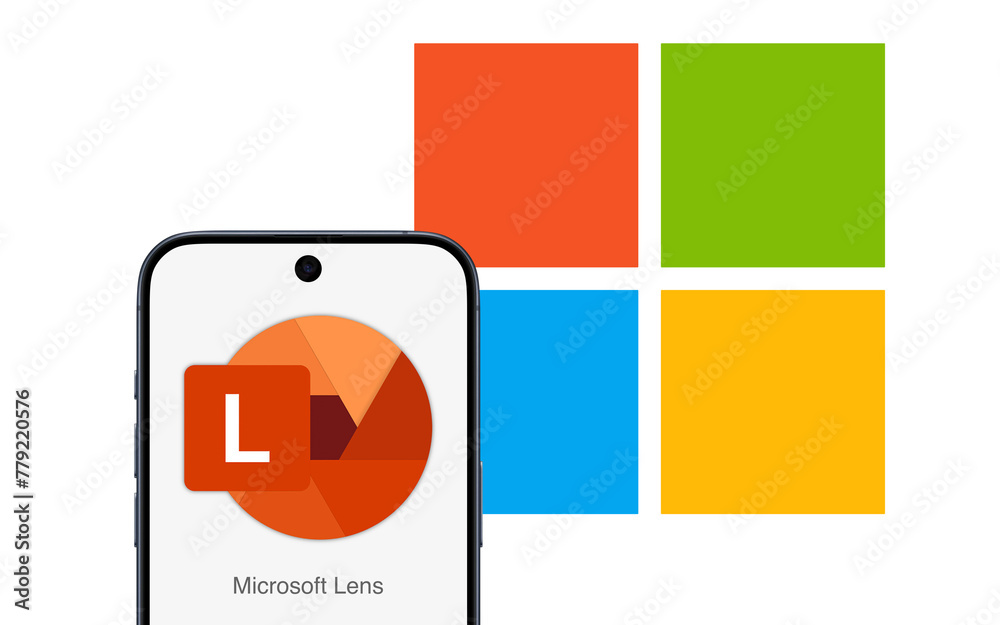 Microsoft Lens logo is displayed on a modern smartphone, Microsoft logo