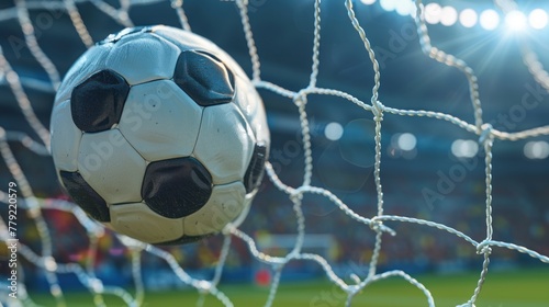 Close up detailed a soccer ball goal in soccer net in a match on the stadium. AI generated image © atapdesain