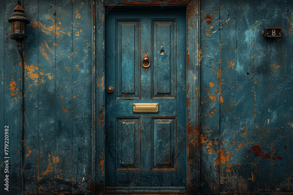 A locked door with signs of forced entry, indicating a break-in or attempted burglary. Concept of a security breach. Generative Ai.