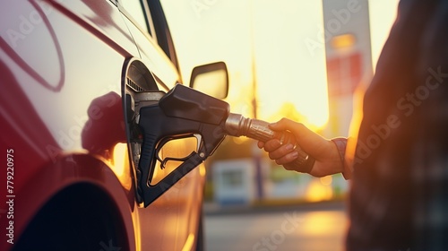 Hand grip man refueling gasoline car on petrol station. photo