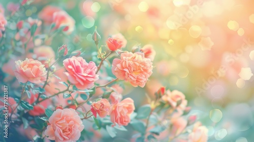 Beautiful pink rose flowers blooming in the garden with blurred pastel color style background