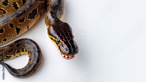 an angry anaconda isolated on a plain white background, with copy space for text on the left photo