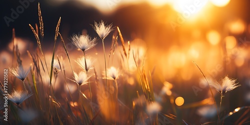 Grass flower in the meadow at sunset. Nature background.