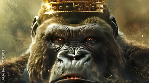 Portrait scary big king kong gorilla wild animal with crown on dark background. AI generated image photo