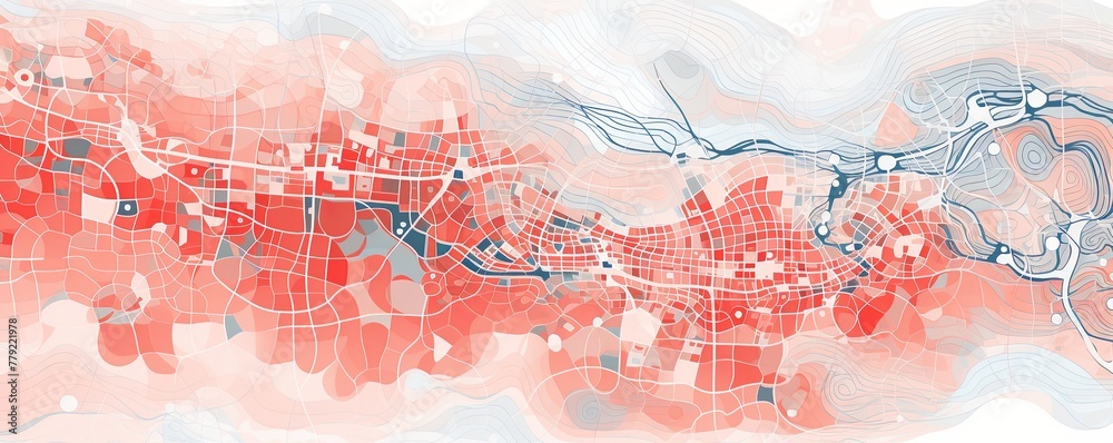 Coral and white pattern with a Coral background map lines sigths and pattern with topography sights in a city backdrop