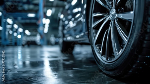Close up side view car tires in the car repair workshop background. AI generated photo