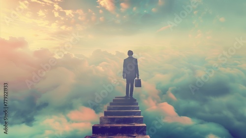 Man Stands on Stairway in Clouds