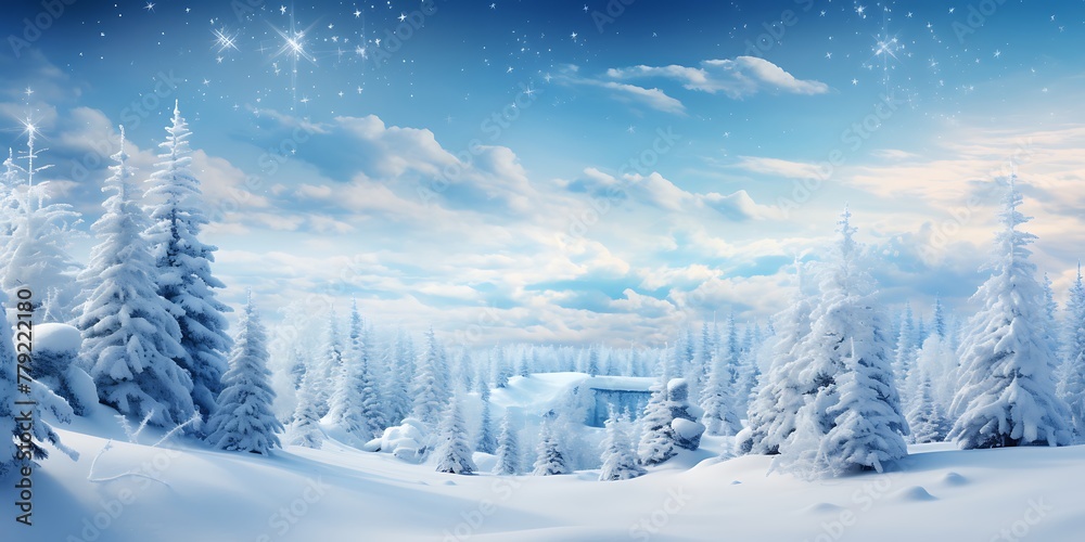 Winter landscape with snowy fir trees and blue sky. 3d rendering