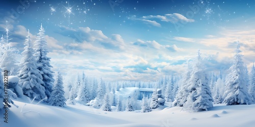 Winter landscape with snowy fir trees and blue sky. 3d rendering