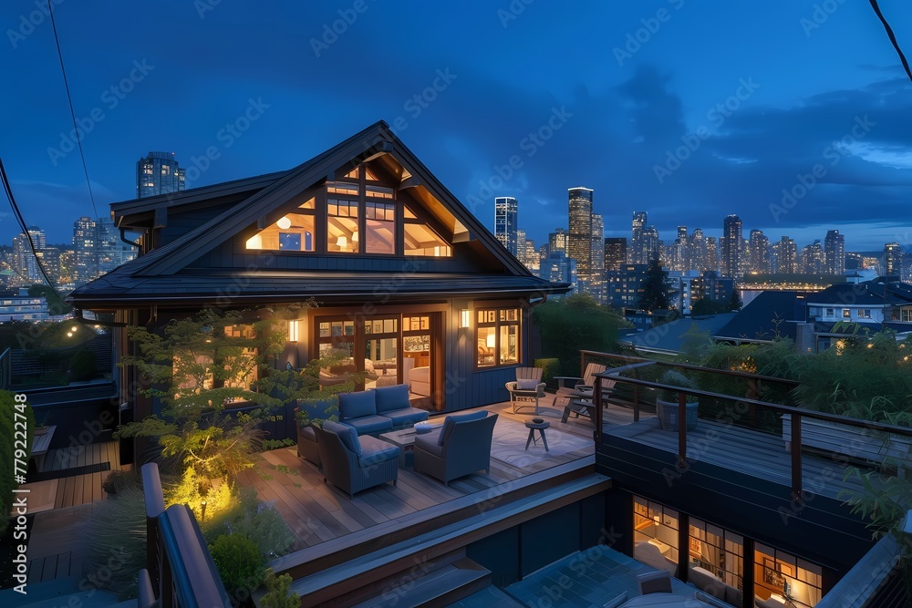 A craftsman house with a dark exterior, showcasing a rooftop terrace with panoramic views of the city skyline.