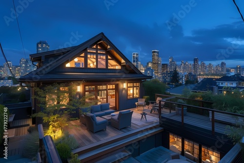 A craftsman house with a dark exterior, showcasing a rooftop terrace with panoramic views of the city skyline. © hassan