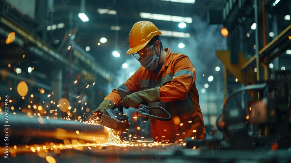 Man Using Machinery in Metalworking Factory Man Using Machinery in Metalworking Factory