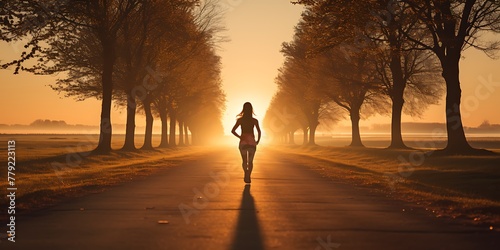 Young woman jogging along a country road at sunrise. Rear view.