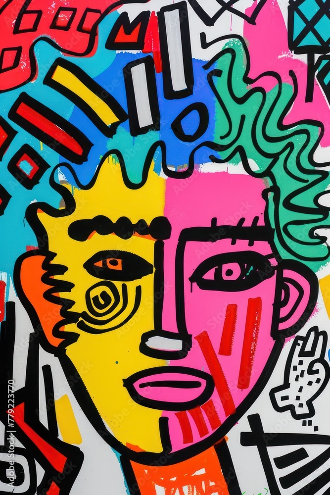 Obraz premium A colorful, energetic graffiti mural with various shapes and symbols, with a central rectangle digitally blurred