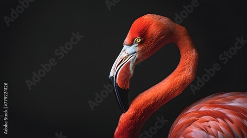 portrait of a flamingo, photo studio set up with key light, isolated with black background and copy space