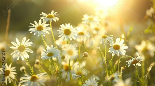 Beautiful nature scene of chamomile flowers field in sunlight background. AI generated image