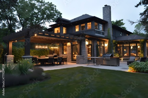 A craftsman house with a dark exterior, showcasing a spacious backyard with a pergola, outdoor kitchen, and dining area.