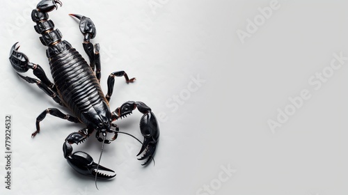 an angry black scorpion isolated on a plain white background  with copy space for text on the left 