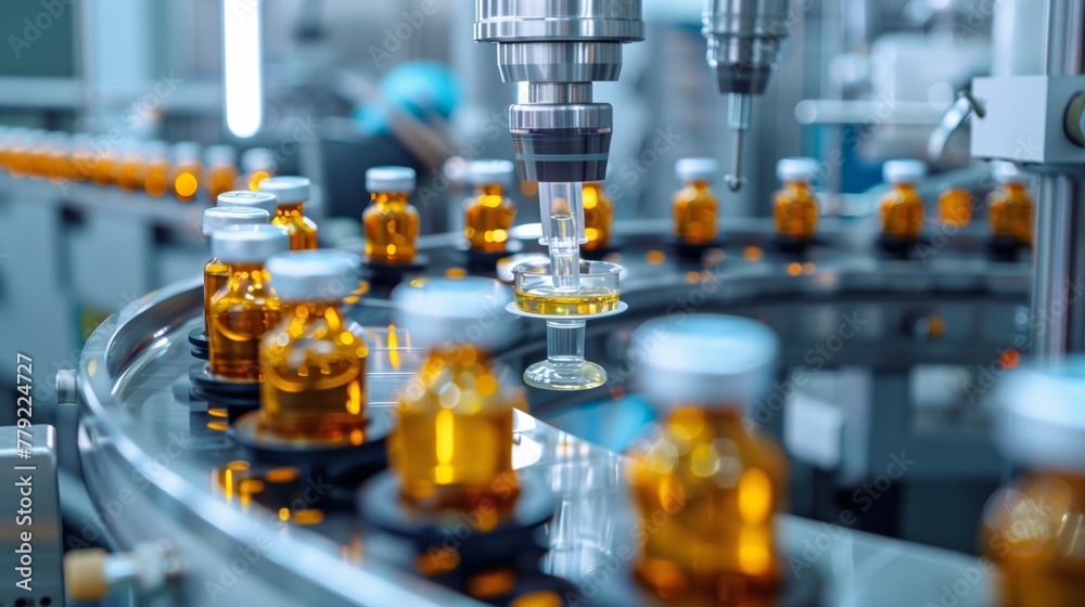 Busy Factory Producing Liquid-Filled Bottles