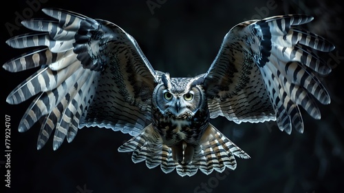 enchanting owl in flight showcasing its silent and predatory motion - isolated on black background - graceful hunter - majestic owl with wings of mystery  photo