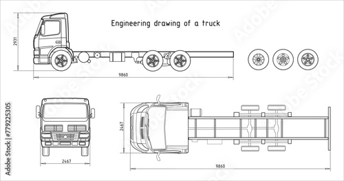Vector engineering drawing of truck with trailer 
with dimensional lines
and numerical values of vehicle dimensions.
Cad scheme. Mechanical background. Design documentation.