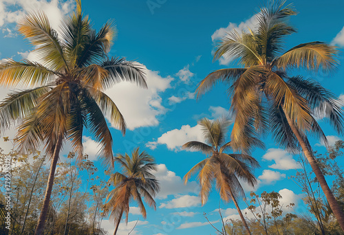 view of palm trees in the sky  blue sky. warm vibrant colors. 