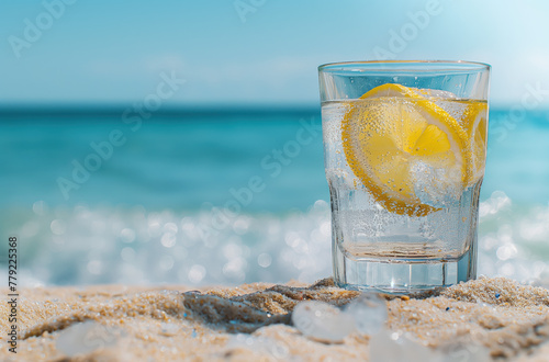 Lemon cocktail on the beach. Summer vacation concept.