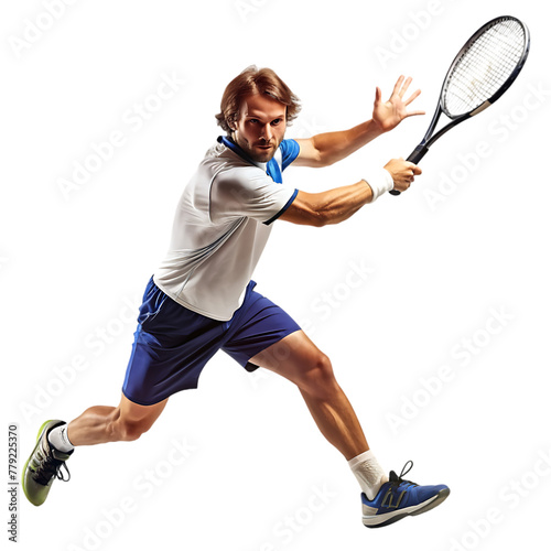 man wearing sportwear playing tennis isolated on white background. photo