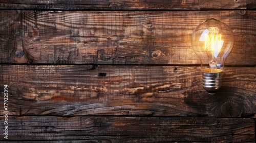 Close up a glowing light bulb on rustic wooden board background. AI generated image
