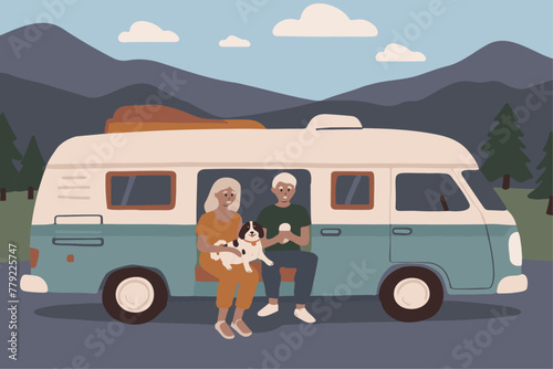 Two active senior people with dog traveling on a camper van during the holidays at the mountains. Sustainable tourism concept