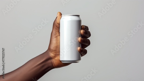 Hand holding a blank white aluminum soda can on white background mockup template design