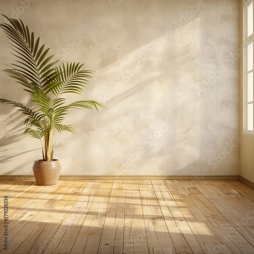 Empty room with wooden floor and potted plant, with windows and bright sunlight.